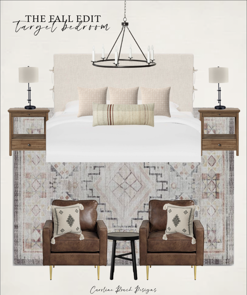 fall decor, target, neutral furniture, cozy master bedroom, area rug, fall home inspo